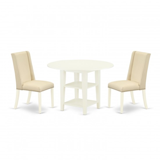 3Pc Dinette Set, Round Dining Table, Two Shelves, 2 Dining Chairs, Cream Dining Chairs Seat, Linen White