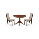 3Pc Dining Kitchen Set, Pedestal Table, 2 Chairs, Light Tan Parson Chairs Seat, Rubber Wood Legs, Mahogany
