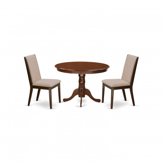 3Pc Dining Kitchen Set, Pedestal Table, 2 Chairs, Light Tan Parson Chairs Seat, Rubber Wood Legs, Mahogany