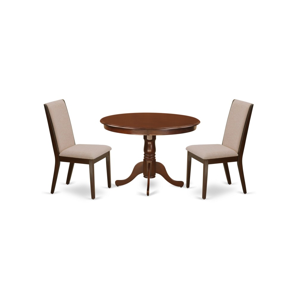 3Pc Dining Kitchen Set, Pedestal Table, 2 Chairs, Light Tan Parson Chairs Seat, Rubber Wood Legs, Mahogany 3Pc Dining Kitchen Set, Pedestal Table, 2 Chairs, Light Tan Parson Chairs Seat, Rubber Wood Legs, Mahogany