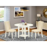 3Pc Dinette Set, Round Dining Table, Two Shelves, 2 Dining Chairs, Cream Dining Chairs Seat, Linen White