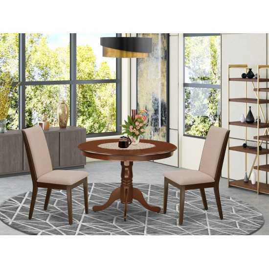 3Pc Dining Kitchen Set, Pedestal Table, 2 Chairs, Light Tan Parson Chairs Seat, Rubber Wood Legs, Mahogany