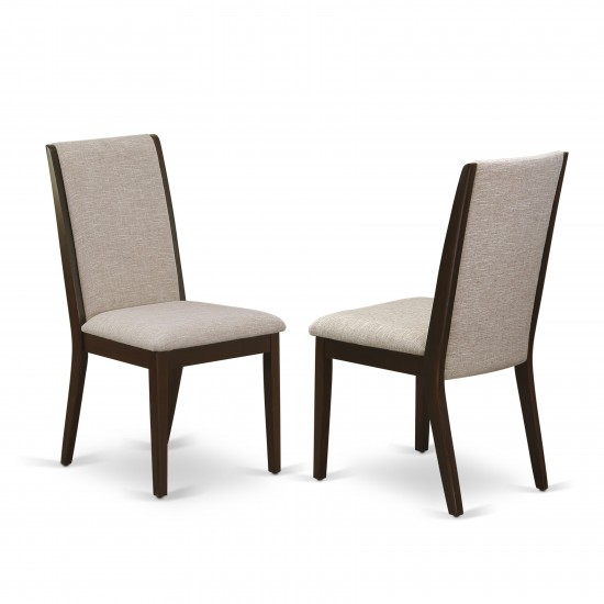 3Pc Dining Kitchen Set, Pedestal Table, 2 Chairs, Light Tan Parson Chairs Seat, Rubber Wood Legs, Mahogany