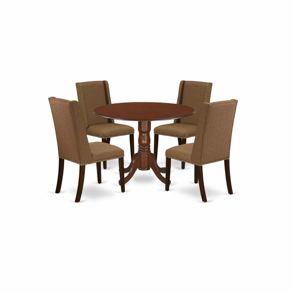 5Pc Dining Set, Round Table, 4 Chairs, Brown Beige Chairs Seat, Rubber Wood Legs, Mahogany