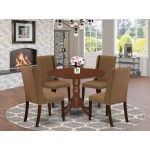 5Pc Dining Set, Round Table, 4 Chairs, Brown Beige Chairs Seat, Rubber Wood Legs, Mahogany