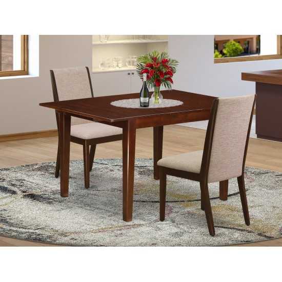 3Pc Kitchen Set, Butterfly Leaf Living Table, 2 Parson Dining Chairs, Light Tan Dining Chairs Seat, Rubber Wood Legs, Mahogan