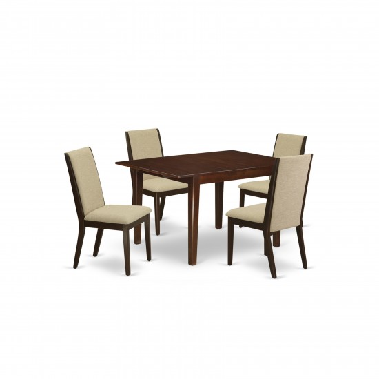 5Pc Small Dining Set- 4 Padded Parson Chairs, Butterfly Leaf Table Hardwood Structure -High Back & Mahogany Finish