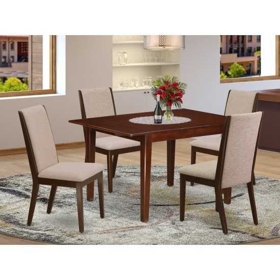 5Pc Small Dining Set- 4 Padded Parson Chairs, Butterfly Leaf Table Hardwood Structure -High Back & Mahogany Finish