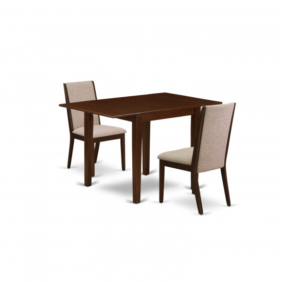 3Pc Kitchen Dining Set, Drop Leaves Kitchen Table, 2 Chairs, Light Tan Chairs Seat, Rubber Wood Legs, Mahogany