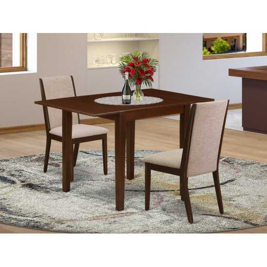 3Pc Kitchen Dining Set, Drop Leaves Kitchen Table, 2 Chairs, Light Tan Chairs Seat, Rubber Wood Legs, Mahogany