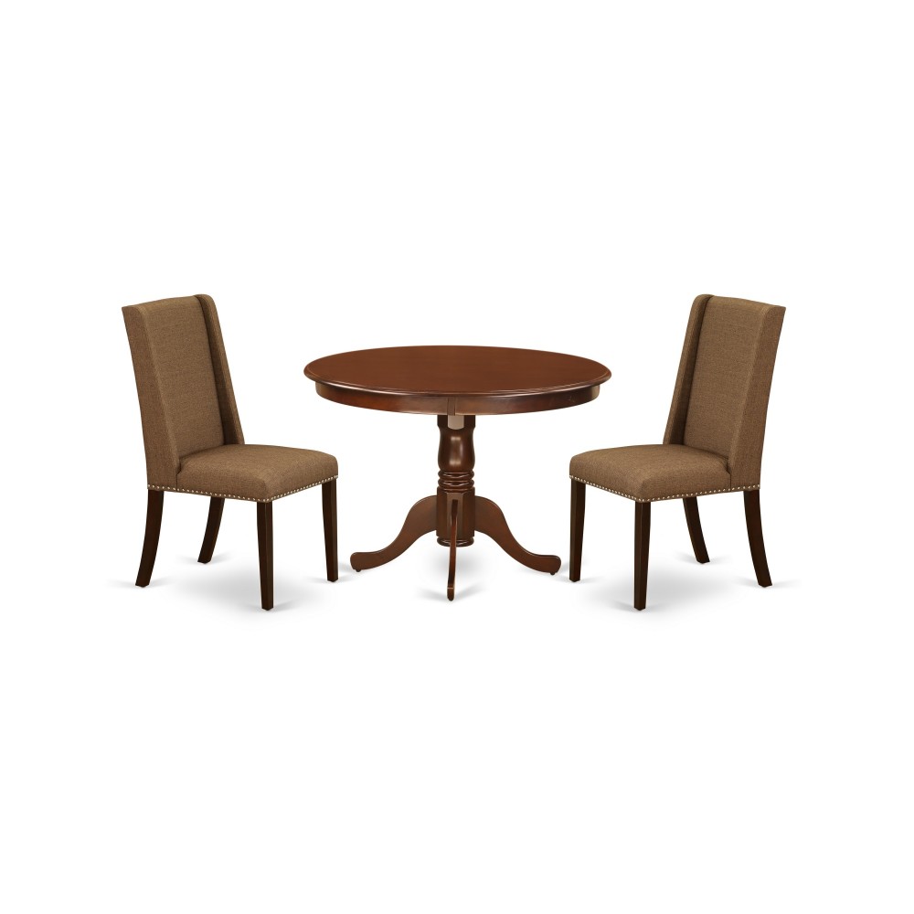 3Pc Dinette Set, Round Dining Table, 2 Upholstered Dining Chairs, Mahogany