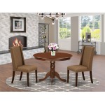 3Pc Dinette Set, Round Dining Table, 2 Upholstered Dining Chairs, Mahogany