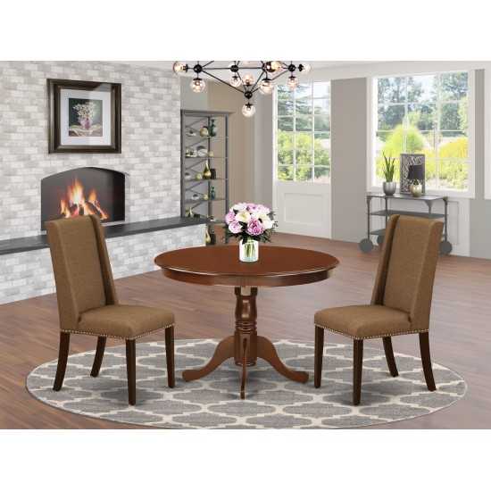 3Pc Dinette Set, Round Dining Table, 2 Upholstered Dining Chairs, Mahogany