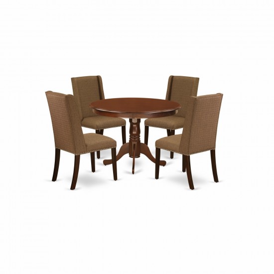 5Pc Dining Set4 Upholstered Dining Chairs, Round Table Hardwood Structure -High Back & Mahogany Finish