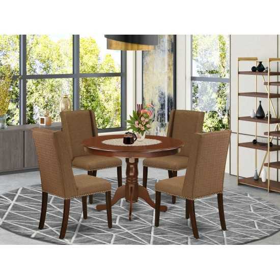 5Pc Dining Set4 Upholstered Dining Chairs, Round Table Hardwood Structure -High Back & Mahogany Finish