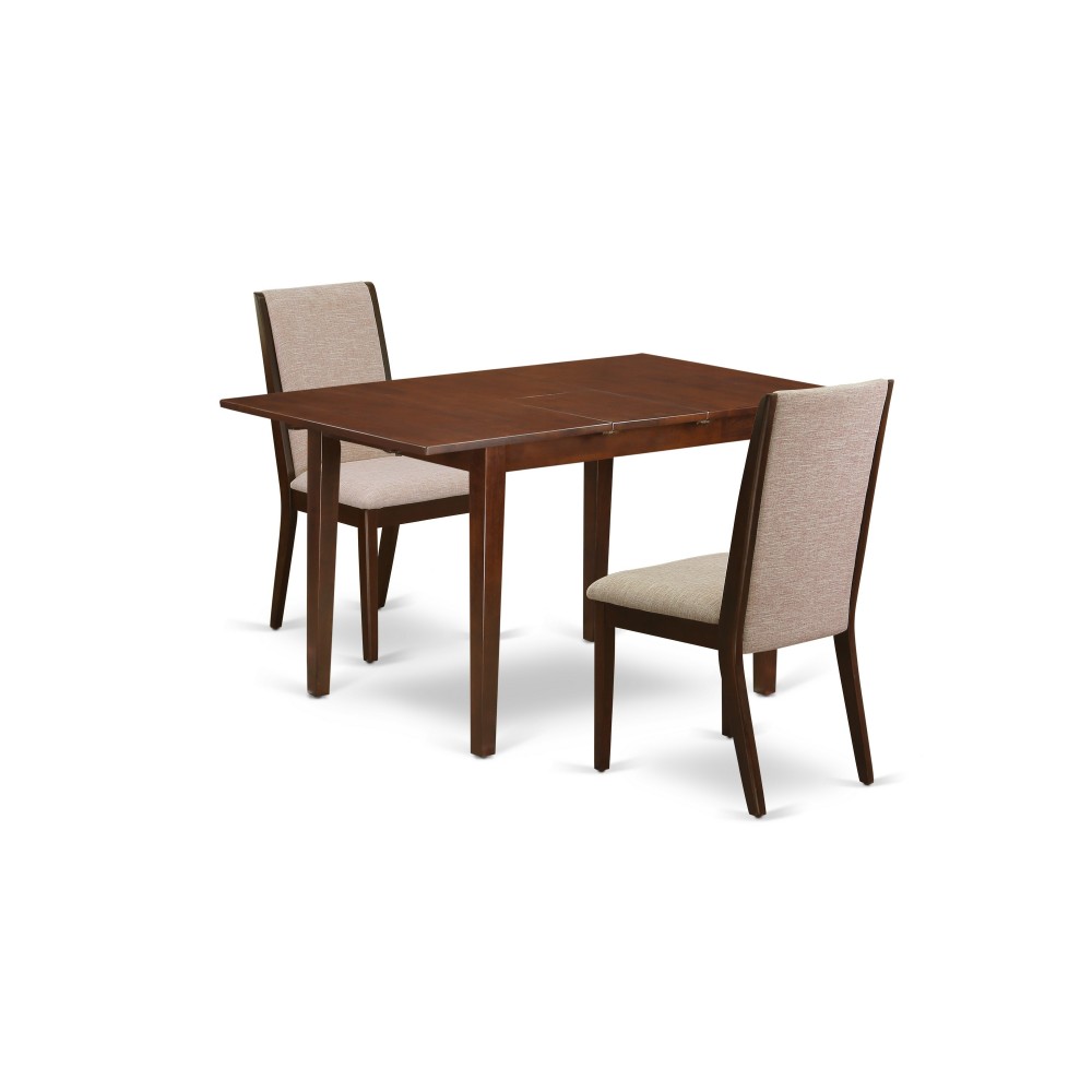 3Pc Dining Set, Butterfly Leaf Table, 2 Chairs, Light Tan Chairs Seat, Rubber Wood Legs, Mahogany