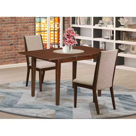 3Pc Dining Set, Butterfly Leaf Table, 2 Chairs, Light Tan Chairs Seat, Rubber Wood Legs, Mahogany