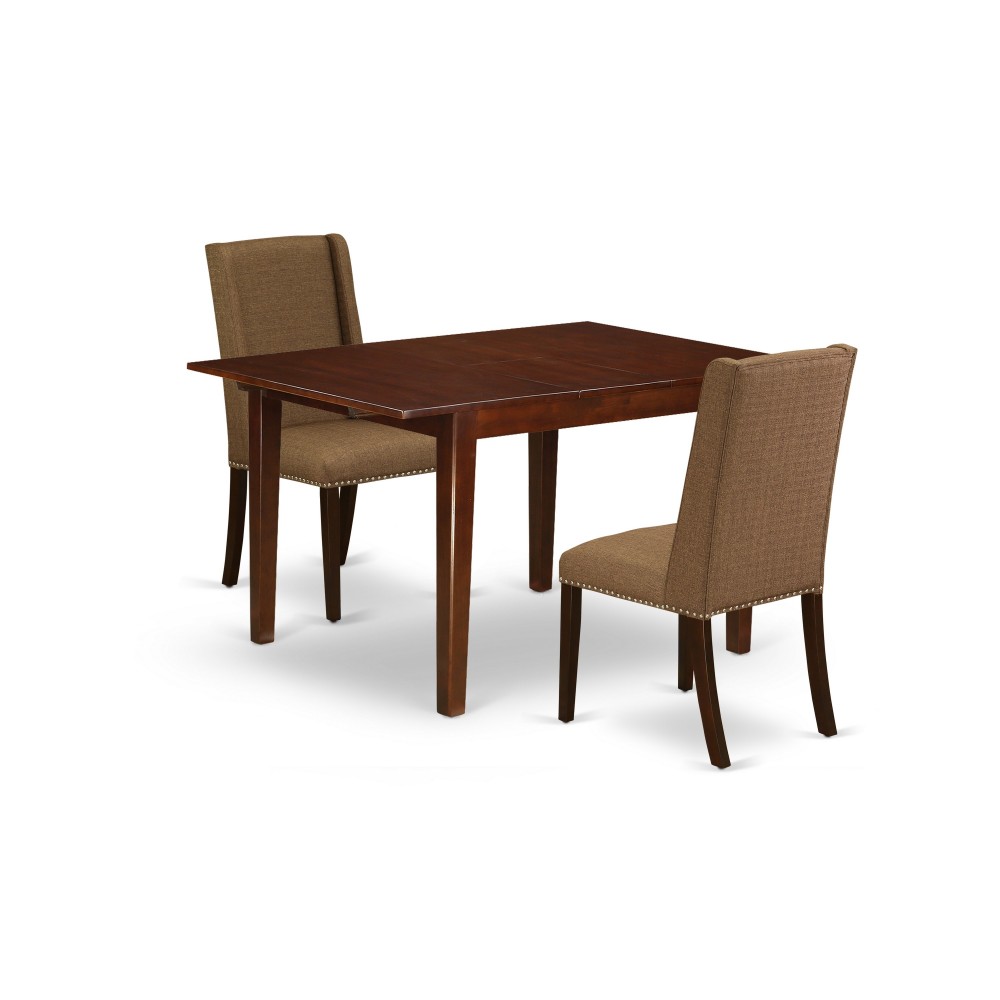 3Pc Dining Set, Butterfly Leaf Breakfast Table, 2 Fabric Chairs, Brown Beige Chairs Seat, Rubber Wood Legs, Mahogany