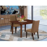 3Pc Dining Set, Butterfly Leaf Breakfast Table, 2 Fabric Chairs, Brown Beige Chairs Seat, Rubber Wood Legs, Mahogany