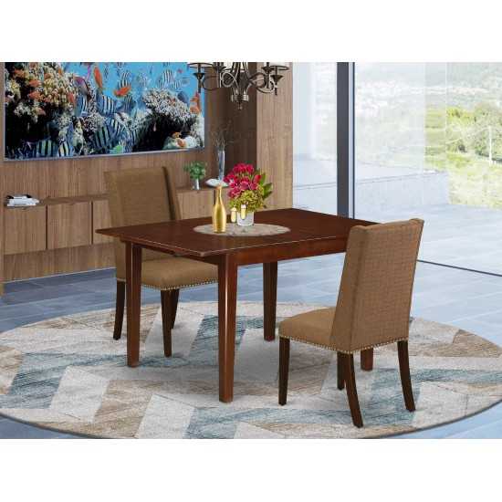 3Pc Dining Set, Butterfly Leaf Breakfast Table, 2 Fabric Chairs, Brown Beige Chairs Seat, Rubber Wood Legs, Mahogany