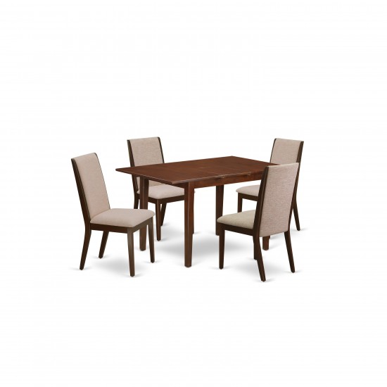 5Pc Kitchen Set- 4 Padded Parson Chairs, Butterfly Leaf Table Solid Wood Frame -High Back & Mahogany Finish