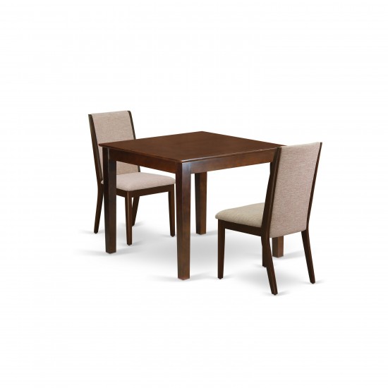 3Pc Dining Set, Wood Kitchen Table, 2 Chairs, Light Tan Chairs Seat, Rubber Wood Legs, Mahogany