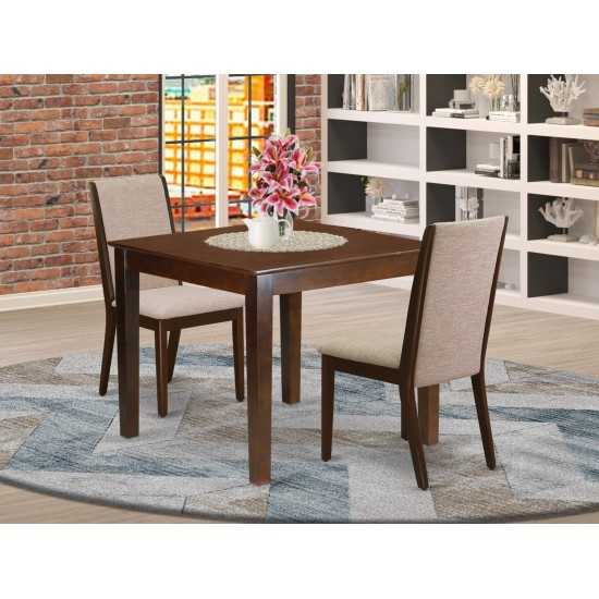 3Pc Dining Set, Wood Kitchen Table, 2 Chairs, Light Tan Chairs Seat, Rubber Wood Legs, Mahogany