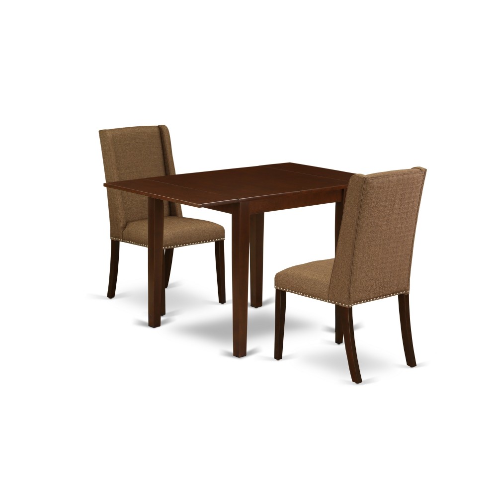 3Pc Dining Set, Drop Leaves Dinette Table, 2 Chairs, Brown Beige Chairs Seat, Rubber Wood Legs, Mahogany