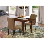 3Pc Dining Set, Drop Leaves Dinette Table, 2 Chairs, Brown Beige Chairs Seat, Rubber Wood Legs, Mahogany