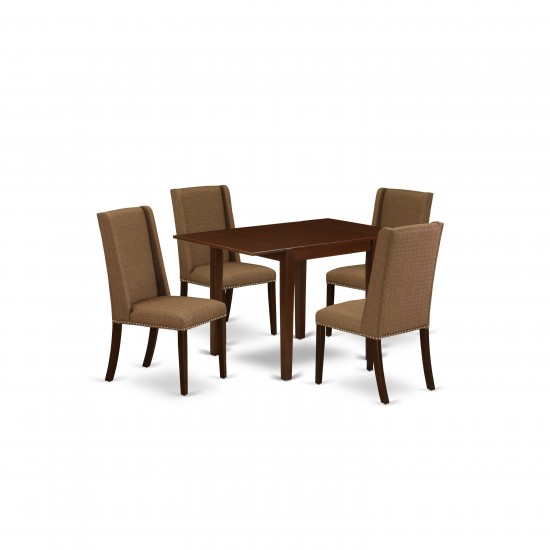 5Pc Dining Set- 4 Parson Chairs, Small Drop Leaf Rectangular Table Hardwood Structure -High Back & Mahogany Finish