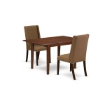 3Pc Dinette Set, Butterfly Leaf Wood Dining Table, 2 Dining Chairs, Brown Beige Chairs Seat, Rubber Wood Legs, Mahogany