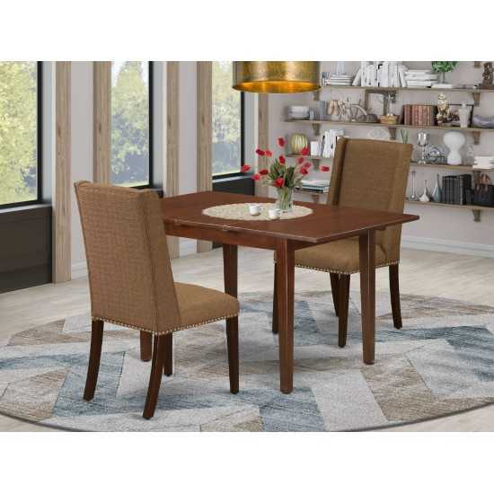 3Pc Dinette Set, Butterfly Leaf Wood Dining Table, 2 Dining Chairs, Brown Beige Chairs Seat, Rubber Wood Legs, Mahogany