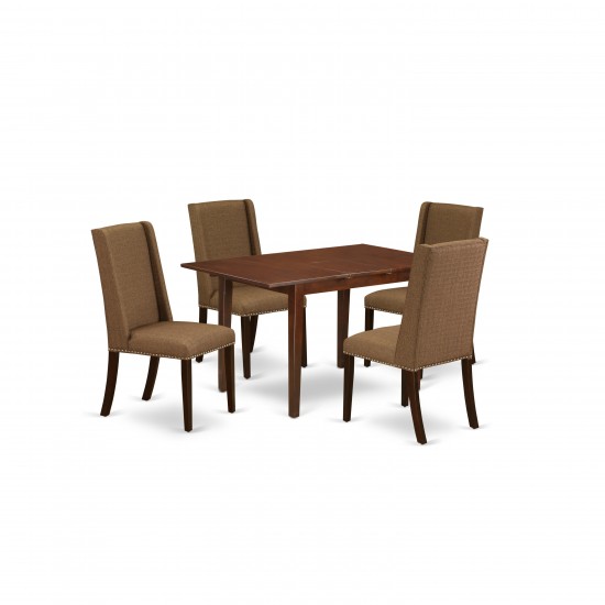 5Pc Dining Set- 4 Parson Chairs, 2-Drops Leaf Dinette Table Hardwood Frame, High Back & Mahogany Finish