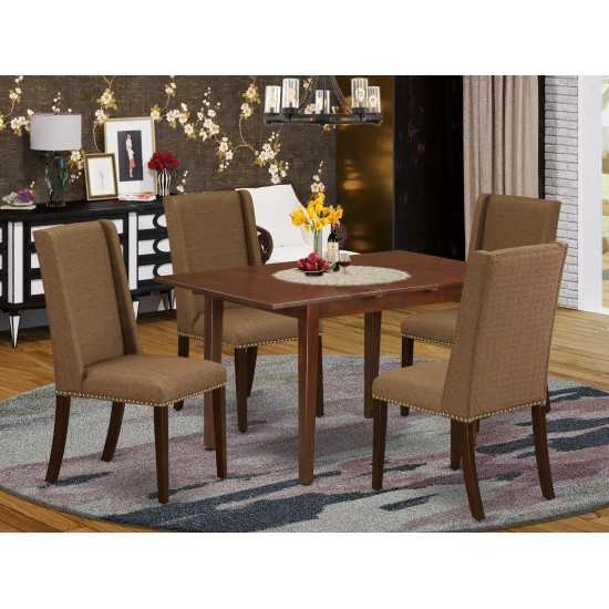 5Pc Dining Set- 4 Parson Chairs, 2-Drops Leaf Dinette Table Hardwood Frame, High Back & Mahogany Finish