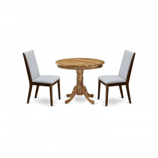 3-Pc Dinette Set, Round Dining Table, 2 Upholstered Dining Chairs, Grey Dining Chairs Seat, Rubber Wood Legs, Natural