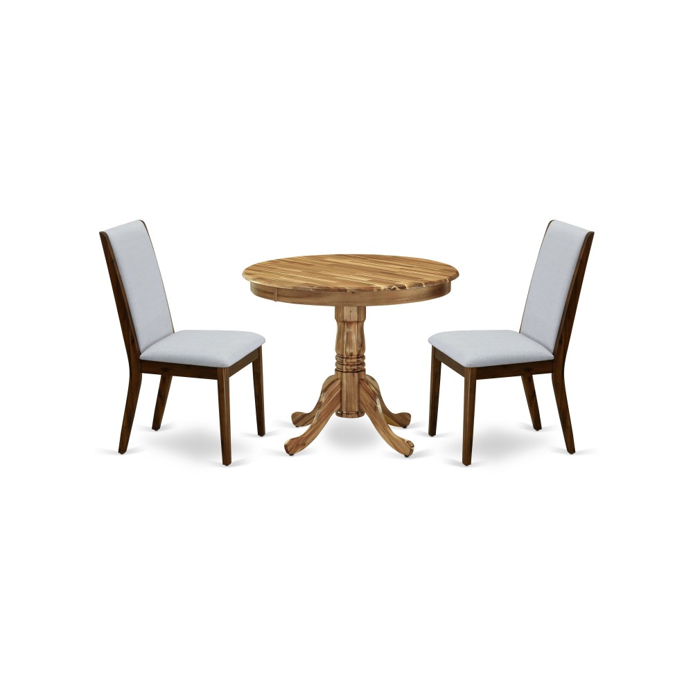 3-Pc Dinette Set, Round Dining Table, 2 Upholstered Dining Chairs, Grey Dining Chairs Seat, Rubber Wood Legs, Natural