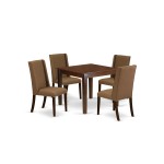 5Pc Dining Set- 4 Padded Parson Chair, Wood Table Solid Wood Frame, High Back & Mahogany Finish