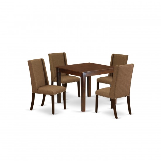 5Pc Dining Set- 4 Padded Parson Chair, Wood Table Solid Wood Frame, High Back & Mahogany Finish