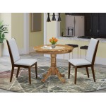 3-Pc Dinette Set, Round Dining Table, 2 Upholstered Dining Chairs, Grey Dining Chairs Seat, Rubber Wood Legs, Natural