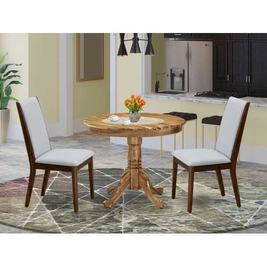 3-Pc Dinette Set, Round Dining Table, 2 Upholstered Dining Chairs, Grey Dining Chairs Seat, Rubber Wood Legs, Natural