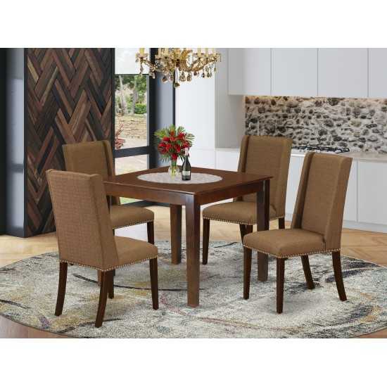 5Pc Dining Set- 4 Padded Parson Chair, Wood Table Solid Wood Frame, High Back & Mahogany Finish