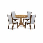 5Pc Dining Set, Round Table, 4 Chairs, Grey Chairs Seat, Rubber Wood Legs, Natural