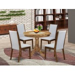 5Pc Dining Set, Round Table, 4 Chairs, Grey Chairs Seat, Rubber Wood Legs, Natural