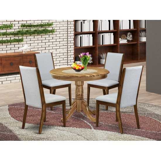 5Pc Dining Set, Round Table, 4 Chairs, Grey Chairs Seat, Rubber Wood Legs, Natural