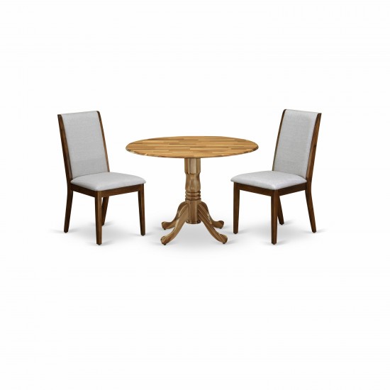 3Pc Round Dining Set, Living Table, 2 Chairs, Grey Upholstered Chairs Seat, Rubber Wood Legs, Natural