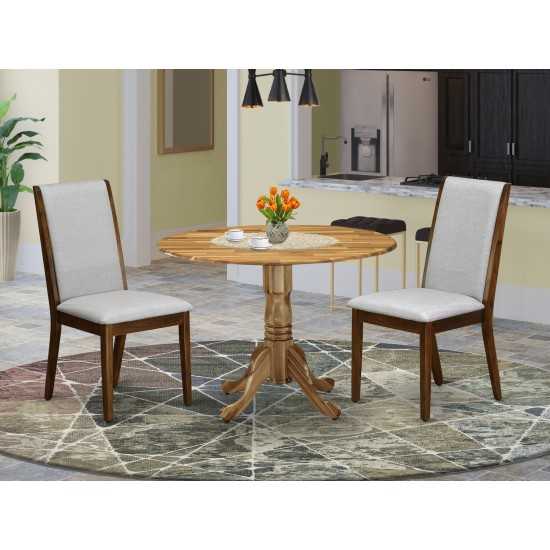 3Pc Round Dining Set, Living Table, 2 Chairs, Grey Upholstered Chairs Seat, Rubber Wood Legs, Natural