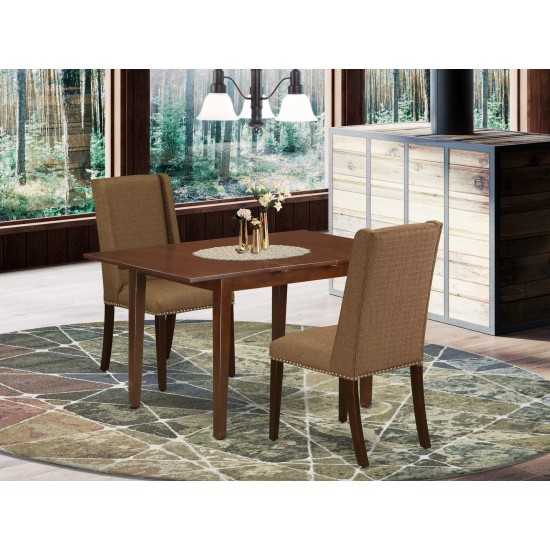 3Pc Kitchen Set, Butterfly Leaf Wood Dining Table, 2 Kitchen Chairs, Brown Beige Parson Chairs Seat, Rubber Wood Legs, Mahoga