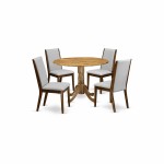 5Pc Dining Set, Round Dinette Table, 4 Chairs, Grey Chairs Seat, Rubber Wood Legs, Natural