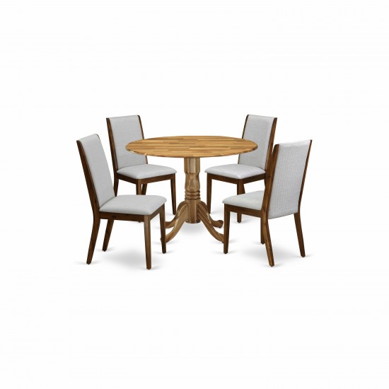 5Pc Dining Set, Round Dinette Table, 4 Chairs, Grey Chairs Seat, Rubber Wood Legs, Natural