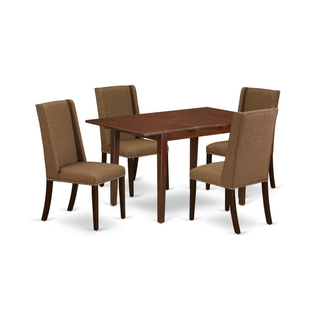 5Pc Small Dining Set- 4 Parson Chairs, Butterfly Leaf Table Solid Wood Structure -High Back, Mahogany Finish